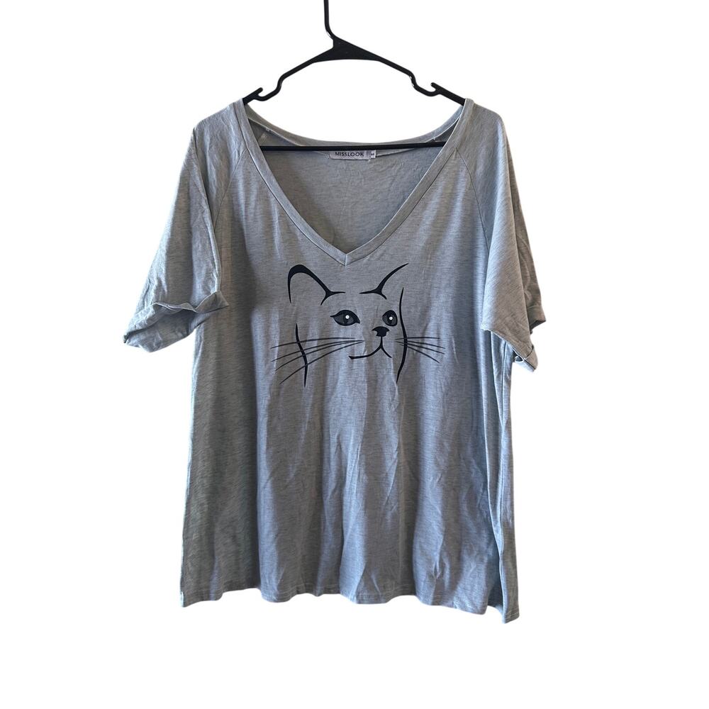 Mislook Gray V-Neck Short Sleeve Lightweight Cat T-Shirt Women Sz M